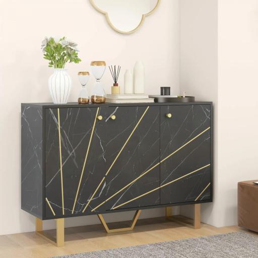 Aparador de Salón con 2 Armarios y Estante Interior Ajustable Buffet acabado Efecto Mármol 107x35x75 cm Negro y Dorado [5]