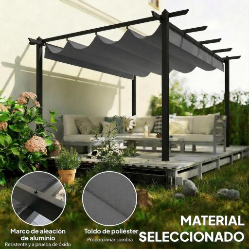 Pérgola de Jardín 4x3 m con Techo Retráctil Estructura de Aluminio UPF30+ Orificios de Drenaje Pabellón Exterior Gris [2]