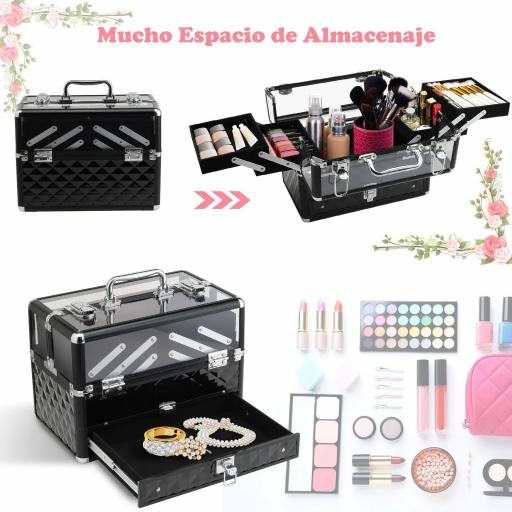 Maletín de Maquillaje Bisutería Organizador Cosméticos Portátil Múltiples Niveles Con Asa y Bandejas Desplegables Aleación de Aluminio 30x18,5x22 cm Transparente y Negro [2]