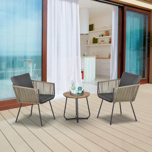 Conjunto de Muebles de Jardín Juego de 3 Piezas Muebles de Ratán 1 Mesa Redonda y 2 Sillas Butaca con Cojines Acolchados para Balcón Terraza Acero Caqui y Gris