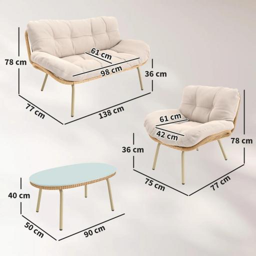 Conjunto de Muebles de Jardín de Rattán de 4 Piezas con Cojines Sofá 2 Sillones y Mesa de Centro Beige [1]