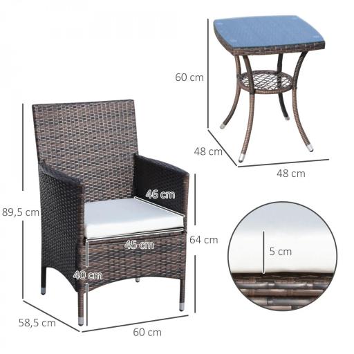 Conjunto de Muebles para Jardín Juegos de Muebles de Ratán Incluye 1 Mesa y 2 Sillones con Cojines Estructura de Metal para Terraza Patio Marrón [1]