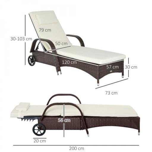 Tumbona de Ratán de Jardín Chaise Longue con Respaldo Ajustable en 5 Posiciones Cojines Acolchados Reposacabezas y 2 Ruedas Carga 160 kg 200x73x30-103 cm Crema y Marrón [1]
