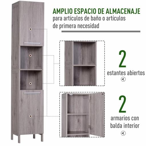 Columna de Baño Mueble Alto y Estrecho con Estantes Abiertos y 2 Armarios 30x32x172,5 cm Madera Grisácea [2]