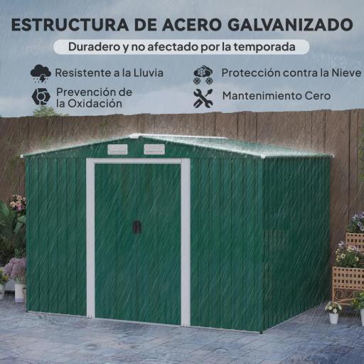 Caseta de Metálico 258x206x178 cm 5,3m² con Puertas Correderas y Ventilaciones para Almacenamiento de Herramientas Verde [2]