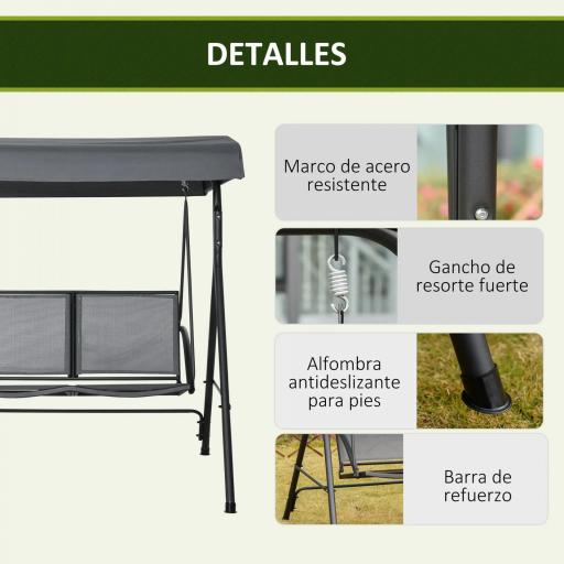 Columpio de Jardín Exterior de 2 Plazas Techo Ajustable y Marco de Acero Asientos Textilene 140x118x162 cm Gris Oscuro [5]