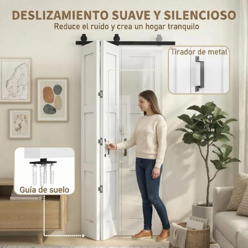 Puerta Corredera Plegable con Herrajes 91,4x213,4 cm con Rodillo Riel de Acero Guía de Suelo Manija Blanco [6]