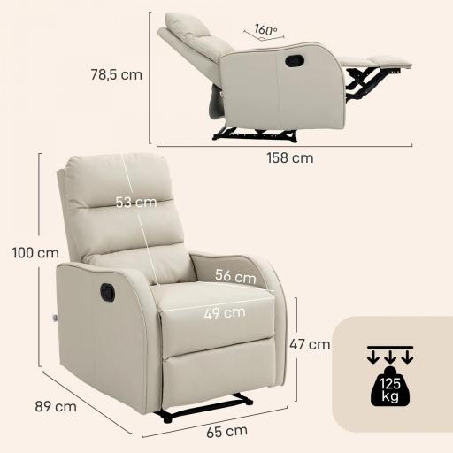 Sillón Relax Reclinable Sofá Relax Tapizado en PU con Reposapiés Retráctil para Dormitorio Salón 65x89x100 cm Crema [1]