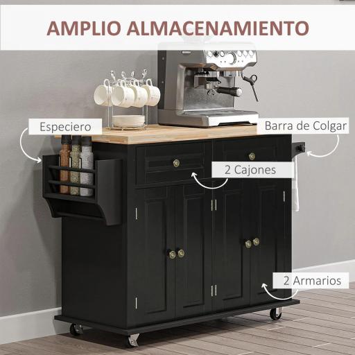  Isla de Cocina con Ruedas Mueble Auxiliar de Cocina con Especiero y Barra Lateral 111x44,5x82,5 cm Negro [7]
