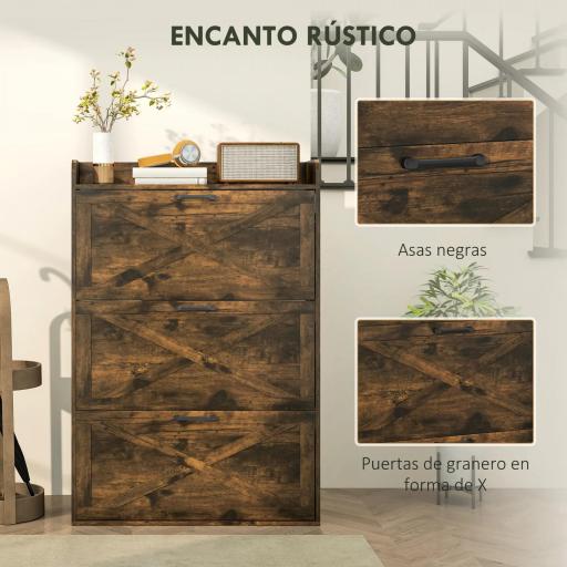 Zapatero Estrecho de 3 Cajones Abatibles para 24 Pares Diseño Rústico con Puertas de Granero 80x24x118 cm Marrón [3]