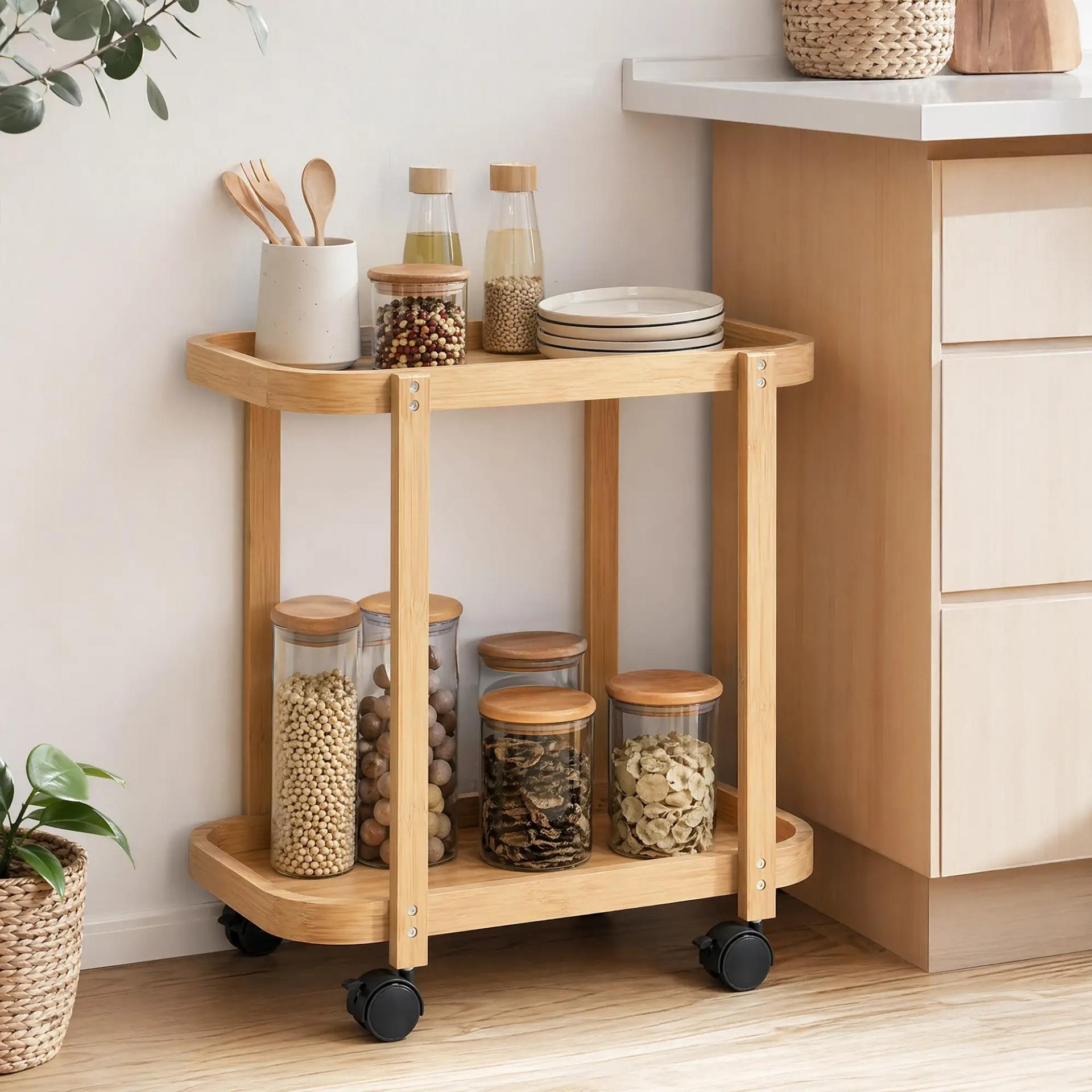 Carrito de Cocina de Bambú de 2 Niveles Carrito Auxiliar para Cocina con Ruedas 2 Estantes 54x36,5x60 cm Natural