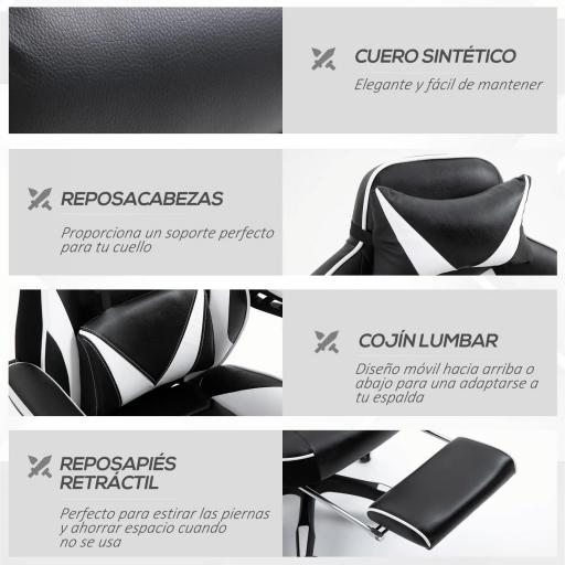 Silla Gaming Ergonómica Silla de Escritorio de Oficina Regulable en Altura Reclinable Respaldo con Reposapiés Reposacabezas Cojín Lumbar Ruedas 65x70x118,5-128,5 cm Blanco [6]