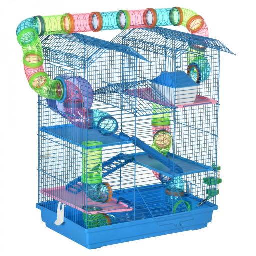 Jaula para Hámster de Múltiples Niveles con Tubos Plataformas Comedero Bebedero Casita Rueda Escaleras 47x30x59 cm Azul [9]