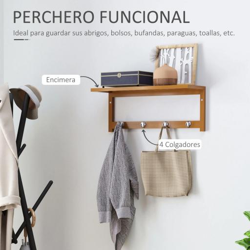 Perchero de Pared de Bambú Estante Toallero de pared 4 Ganchos para Entrada Salón Baño Pasillo Dormitorio 50x16x17,5 cm Carga 5kg [2]
