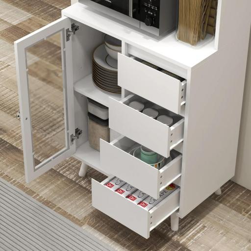 Alacena de Cocina Aparador con 2 Puertas de Vidrio Compartimentos 4 Cajones y Estantes Ajustables 60x35x180 cm Blanco [7]