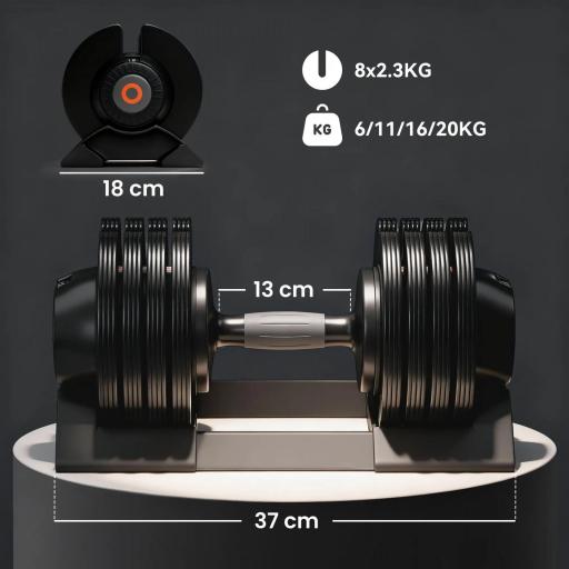 Mancuerna Ajustable 4 en 1 20 kg Ajuste Rápido de Peso con Base de Almacenaje Mango Antideslizante para Gimnasio en Casa [4]