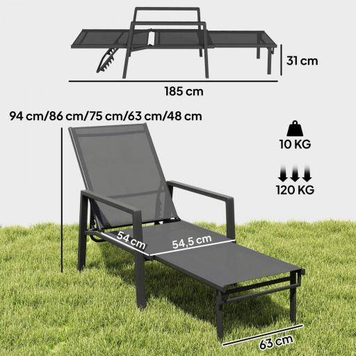 Tumbona Plegable con Reposapiés Retráctil Respaldo Ajustable 5 Niveles Tela de Textilene Marco Acero Gris Oscuro [1]