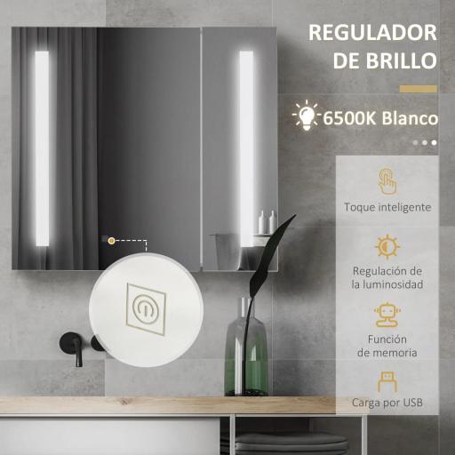 Armario con Espejo de Baño con Luz LED Mueble de Baño Colgante con Interruptor Táctil 70x15x65cm Blanco [4]