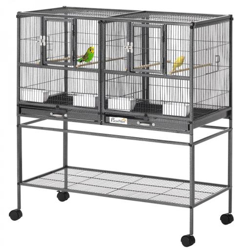 Jaula para Pájaros con Ruedas Pajarera Doble con 2 Bandejas Múltiples Puertas 4 Comederos 4 Perchas 95x45,5x102 cm Gris [9]