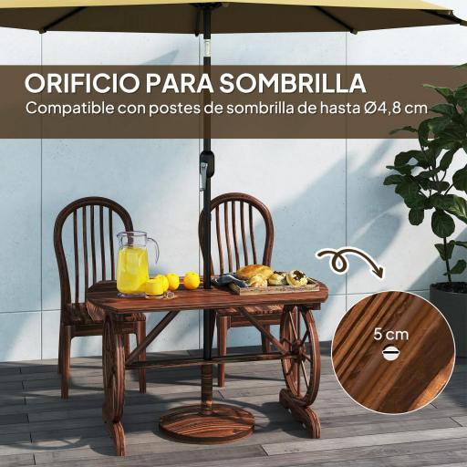 Mesa de Jardín de Madera de Abeto con Patas en Forma de Rueda Orificio para Sombrilla 120x63x70 cm Acabado Carbonizado [4]