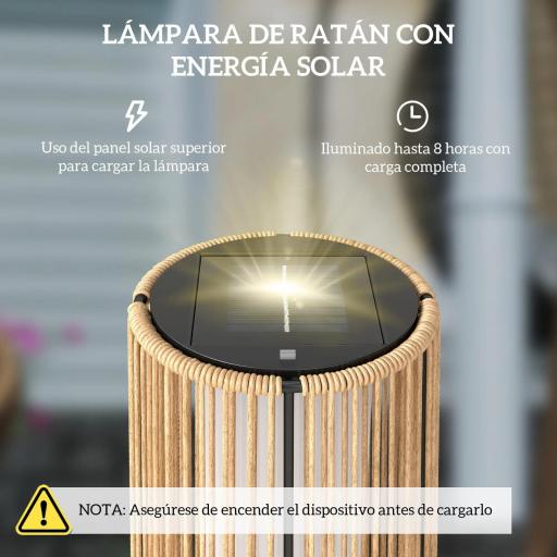 Farola Solar Exterior de Ratán Sintético con Luces LED Encendido y Apagado Automático Impermeable Ø21,5x61 cm Natural [2]