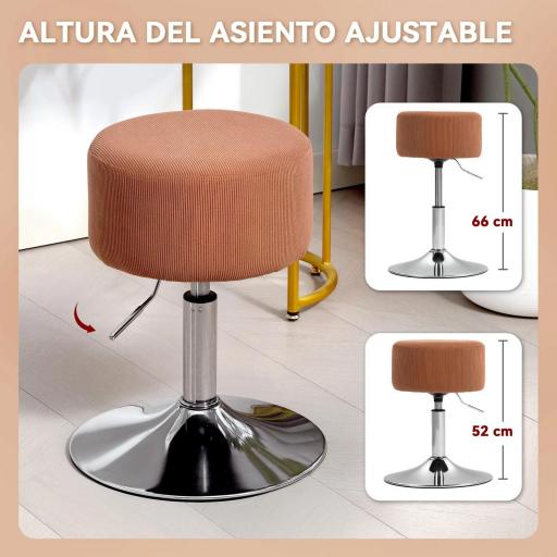 Taburete de Cocina Regulable en Altura 52-66 cm Tapizado en Pana Giratorio en 360° Marrón [6]