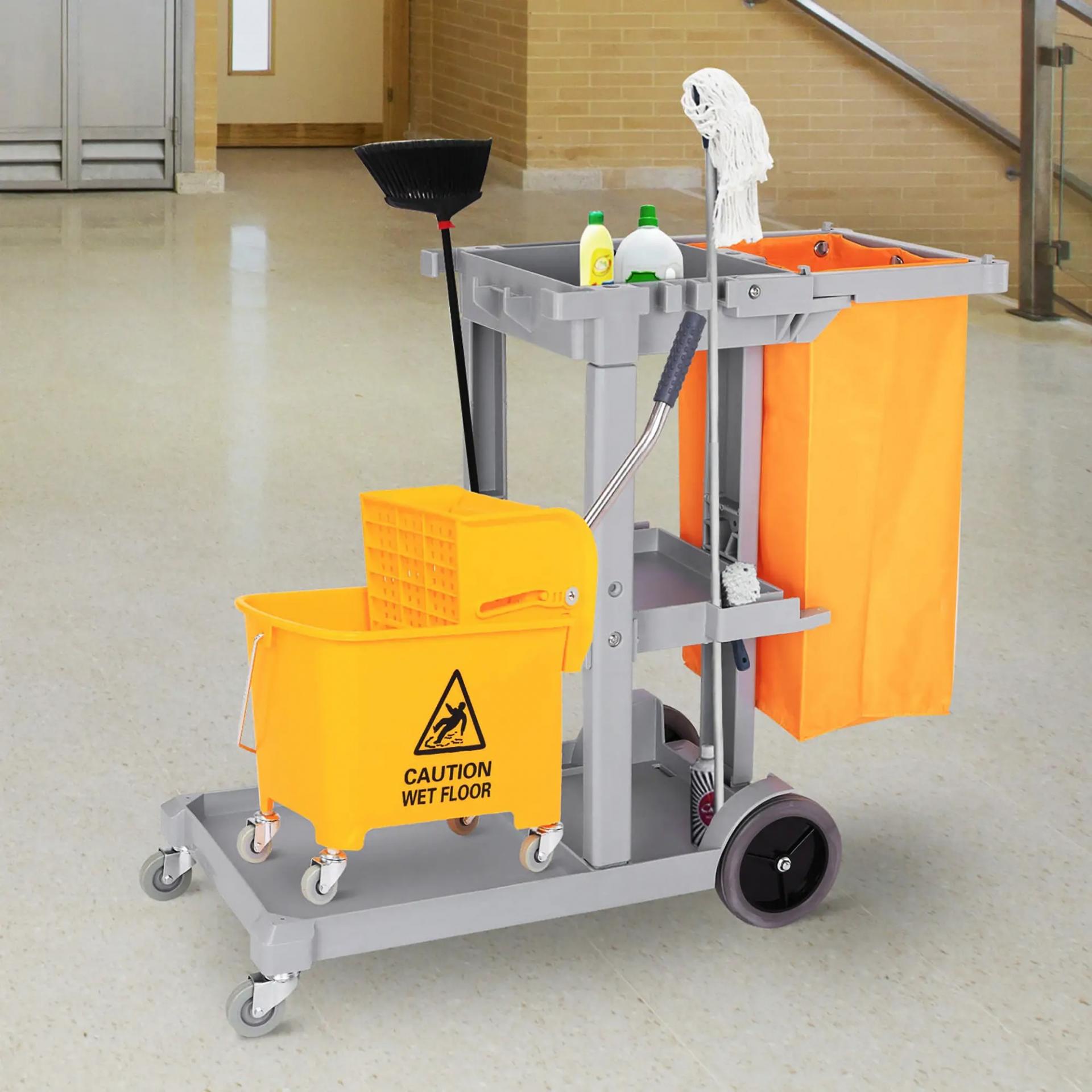 Carro de Limpieza con Bolsa 100L Profesional y Multifuncional para Colectividades Hotel Hostal con 3 Bandejas y 1 Plataforma 121x50,5x96,5 cm Gris y Amarillo