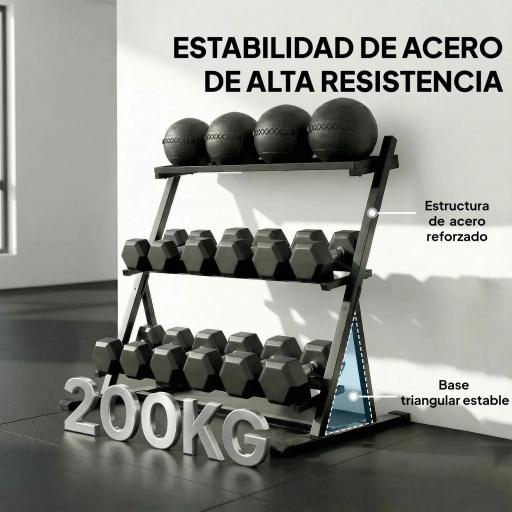 Soporte para Mancuernas de 3 Niveles Estante de Pesas de Acero con Barras Ajustables para Gimnasio Casa Carga 200 kg [2]