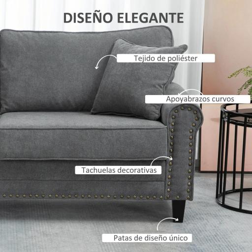 Sofá de 3 Plazas con Tachuelas Oro Envejecido Tapizado en Poliéster con 2 Cojines Decorativos 196x80,5x89 cm Gris [3]