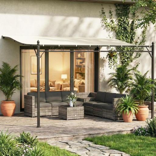 Pérgola de Pared 3x6 m con Techo Inclinado Orificios de Drenaje y Estructura Metálica Blanco Crema [0]