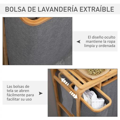 Cesto para Ropa Sucia de Bambú Cesta para la Colada con 3 Bolsas de Tela Extraíbles 50x32x69,7 cm Gris [3]
