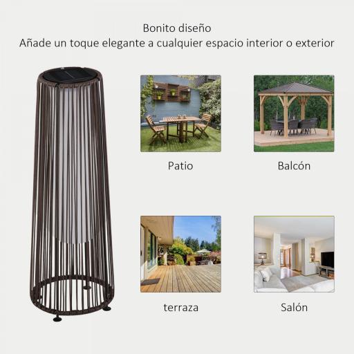 Linterna de Jardín de Ratán Sintético Farola Solar Exterior con Luces LED Encendido y Apagado Automático Impermeable para Terraza Balcón Patio Ø21,5x61 cm, Marrón [5]