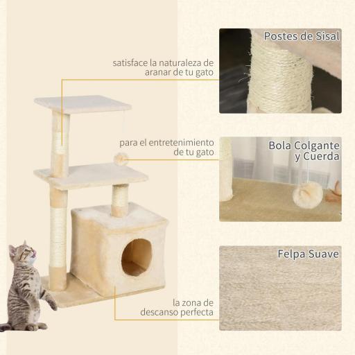 Árbol Rascador para Gatos 81,5 cm Torre para Gatos con Postes de Sisal 2 Plataformas Cueva y Bola Colgante Estilo Elegante 50x30x81,5 cm Beige [4]