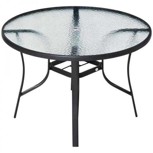 Mesa de Cristal de Jardín con Agujero para Sombrilla Mesa para Comer Redonda con Marco de Acero para Exterior Terraza Balcón Ø106,5x71 cm Negro [9]