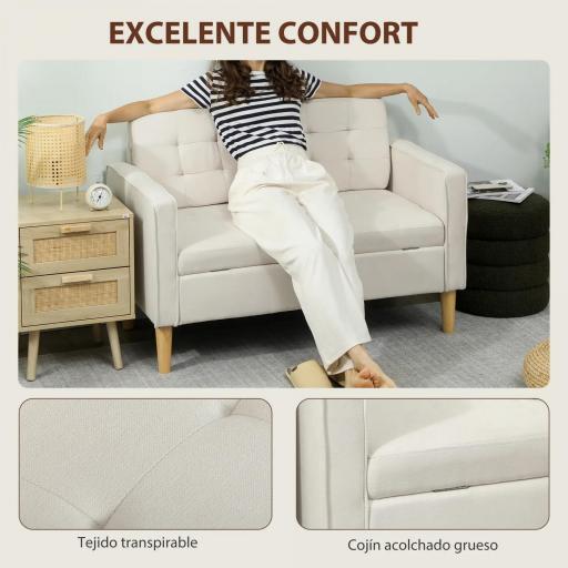 Sofá de 2 Plazas con Espacio de Almacenamiento Patas de Madera Respaldo Capitoné 117x62x78 cm Crema [7]