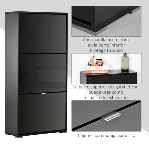 Armario de Zapatos Zapatero Moderno con 3 Cajones Capacidad de 18 Pares de Zapatos para Pasillo 60x26x124 cm Negro [5]