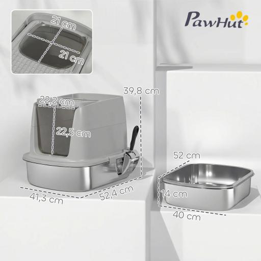 Arenero para Gatos de Acero Inoxidable L con Tapa Abatible Pala Metálica Bolsa Desodorizante Fácil Limpiar Gris Claro [6]