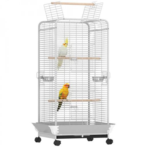Jaula para Loros con Ruedas Perchas Comederos y Bandeja Extraíble Pajarera para Cacatúas Cotorras 79x73x146cm Gris Claro [10]