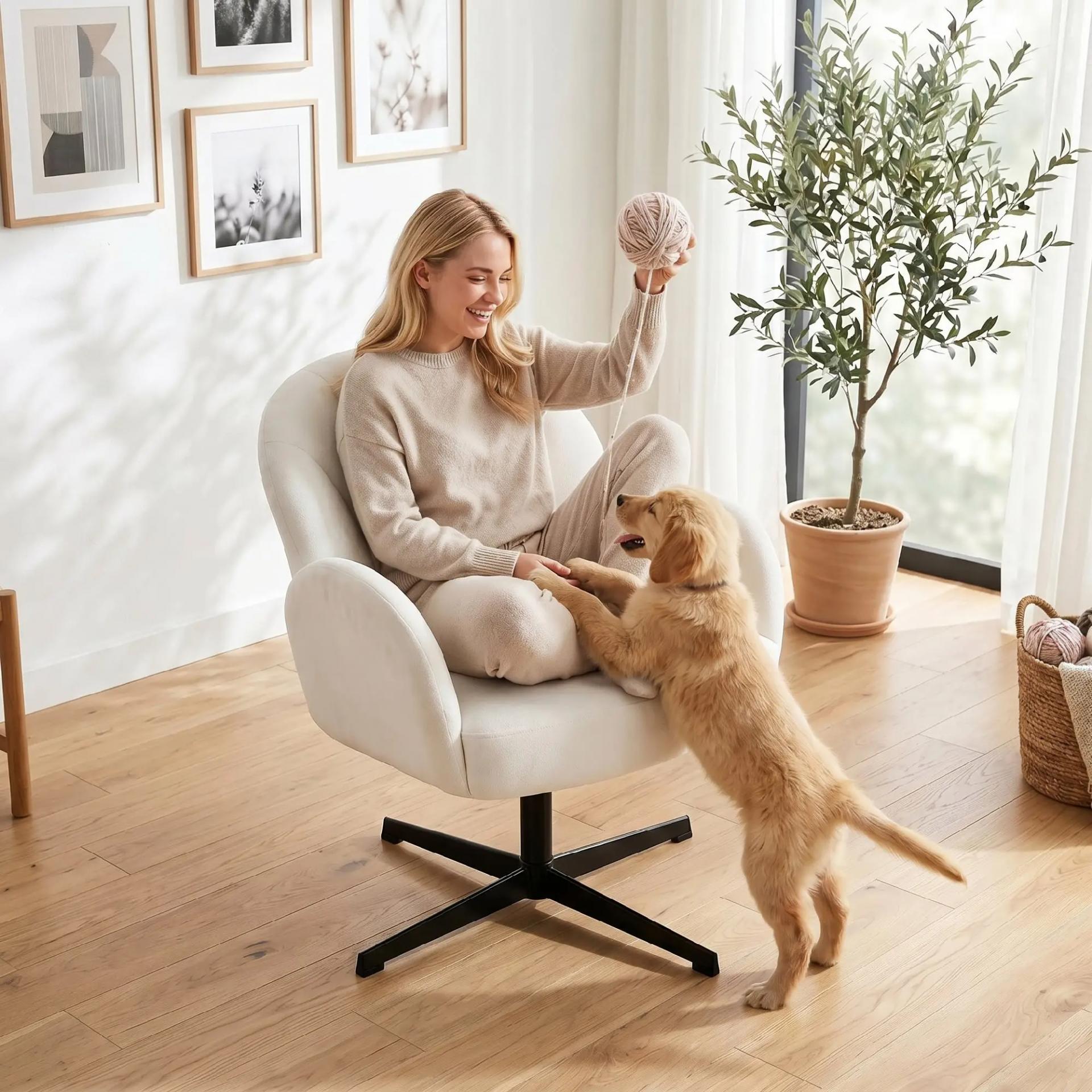 Sillón de Salón Giratorio Butaca de Salón Tapizada Terciopelo con Respaldo en Forma de Concha Cojín con Resortes Crema
