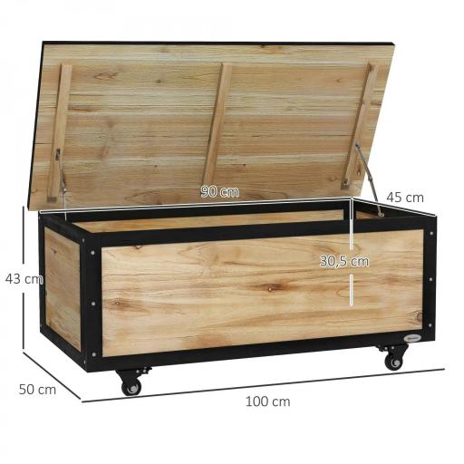 Baúl de Exterior de Madera con 4 Ruedas para Jardín Patio Balcón 100x50x43 cm Natural y Negro [1]