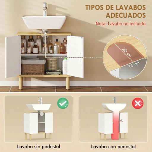 Mueble Bajo Lavabo con Estante Ajustable Armario para Lavabo sin Pedestal con Puertas Acanaladas 60x30x61 cm Blanco [5]