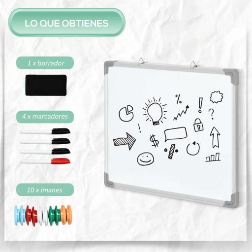Pizarra Blanca Magnética Pizarra de Borrado en Seco con Borrador 4 Rotuladores y 10 Imanes 60x45 cm Blanco [2]