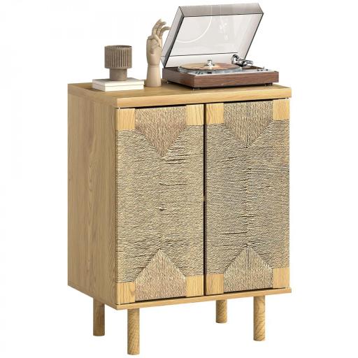 Aparador Bohemio de 2 Puertas con Cuerda Tejida a Mano Estante Ajustable Apertura por Presión Roble 60x40x78 cm [3]