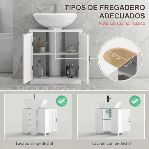 Armario de Baño Bajo Lavabo con Puerta Doble y Estante Ajustable Carga 20 kg 60x30x60 cm Blanco [2]