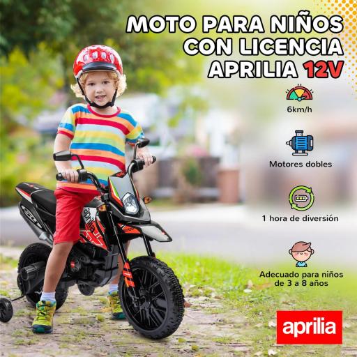  Moto Eléctrica para Niños 12V con Licencia Aprilia con Ruedas Auxiliares Desmontables 6 km/h Suspensión Trasera Rojo [4]