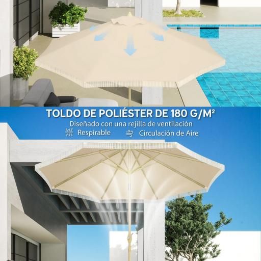 Sombrilla de Jardín Ø265x244 cm con Manivela Manual Ángulo Ajustable y Flecos de Estilo Boho para Terraza Piscina Crema [4]