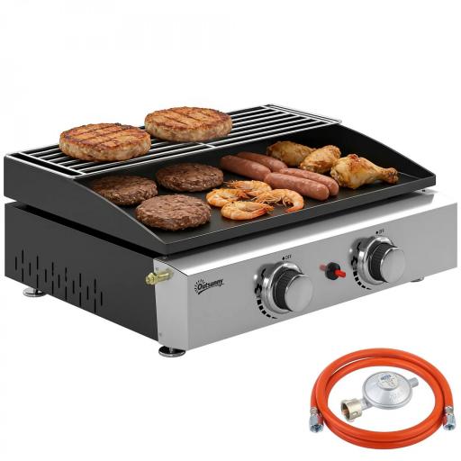 Barbacoa de Gas con 2 Quemadores 5 kW Barbacoa Portátil con Plancha Rejilla Calentadora y Recogedor Grasa Negro [8]