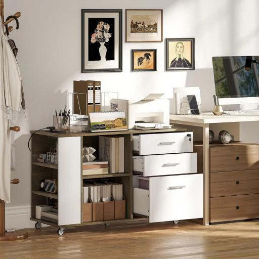 Mueble Archivador con Ruedas 3 Cajones Estación de Carga Cerradura y Estantes 100x40x65,5 cm Marrón Grisáceo