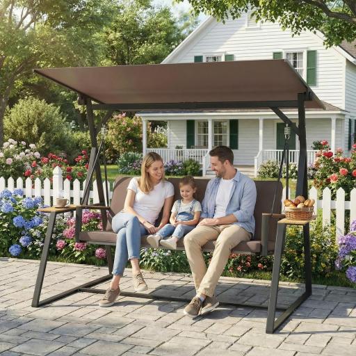 Columpio de Jardín Exterior de 3 Plazas con Techo Ajustable 2 Bandejas Cojines y Marco de Metal Carga 360 kg Marrón