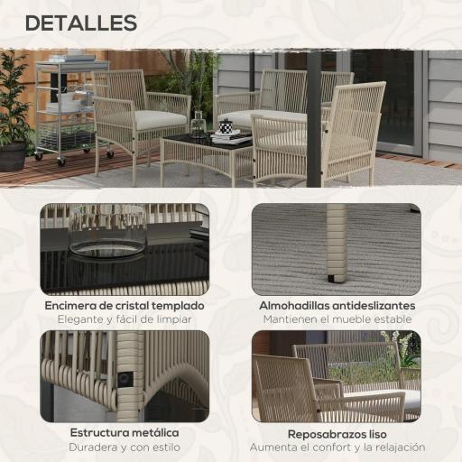 Juego de 4 Piezas Muebles de Terraza con 1 Sofá de 2 Plazas 2 Sillones y 1 Mesa de Centro con Encimera de Cristal Caqui [3]